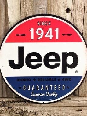 Jeep Since 1941 Round Logo Embossed 15.5” Metal Garage Sign in Red White Blue